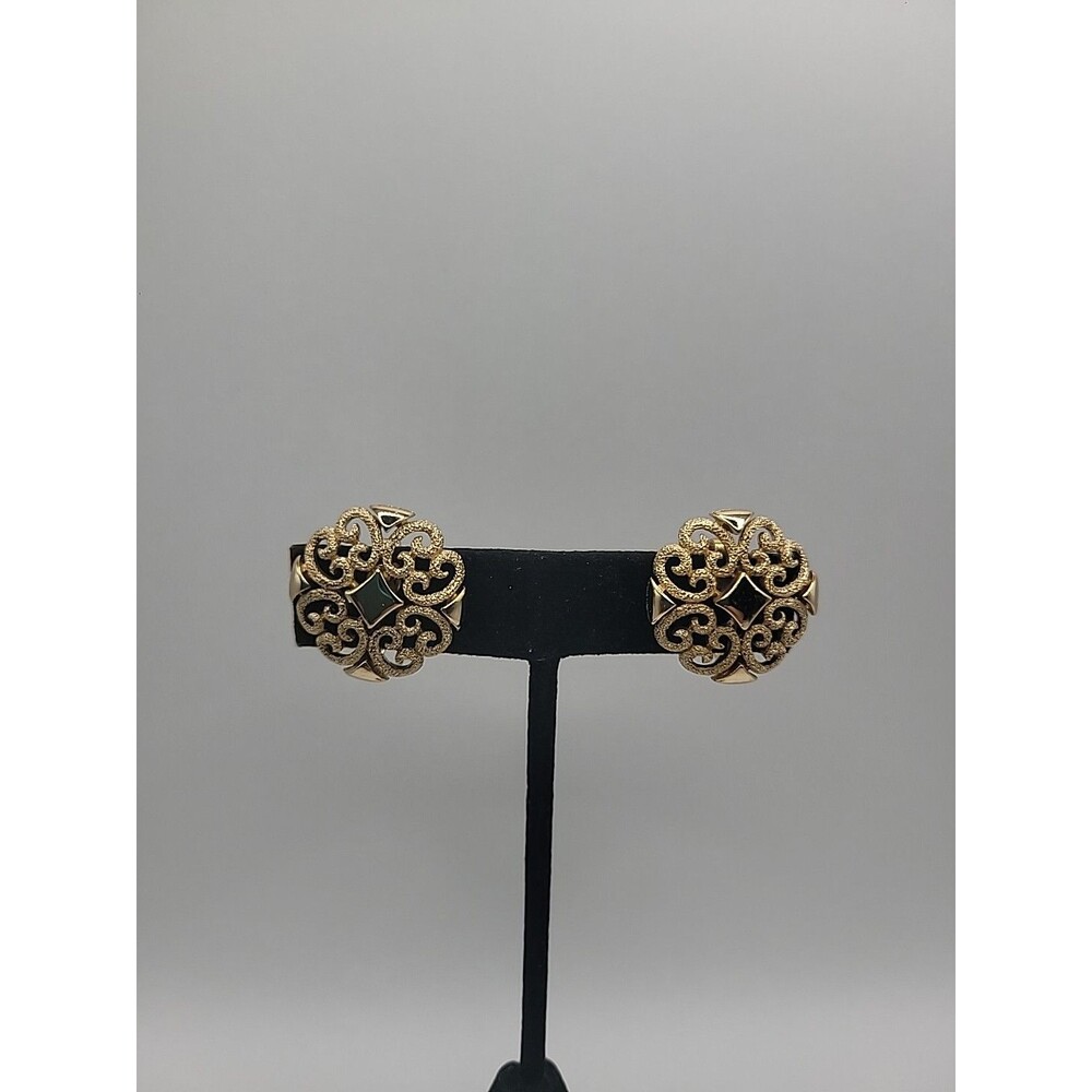 Vintage Avon Gold Tone Filigree Clip On Earrings Round Crystal Statement Jewelry